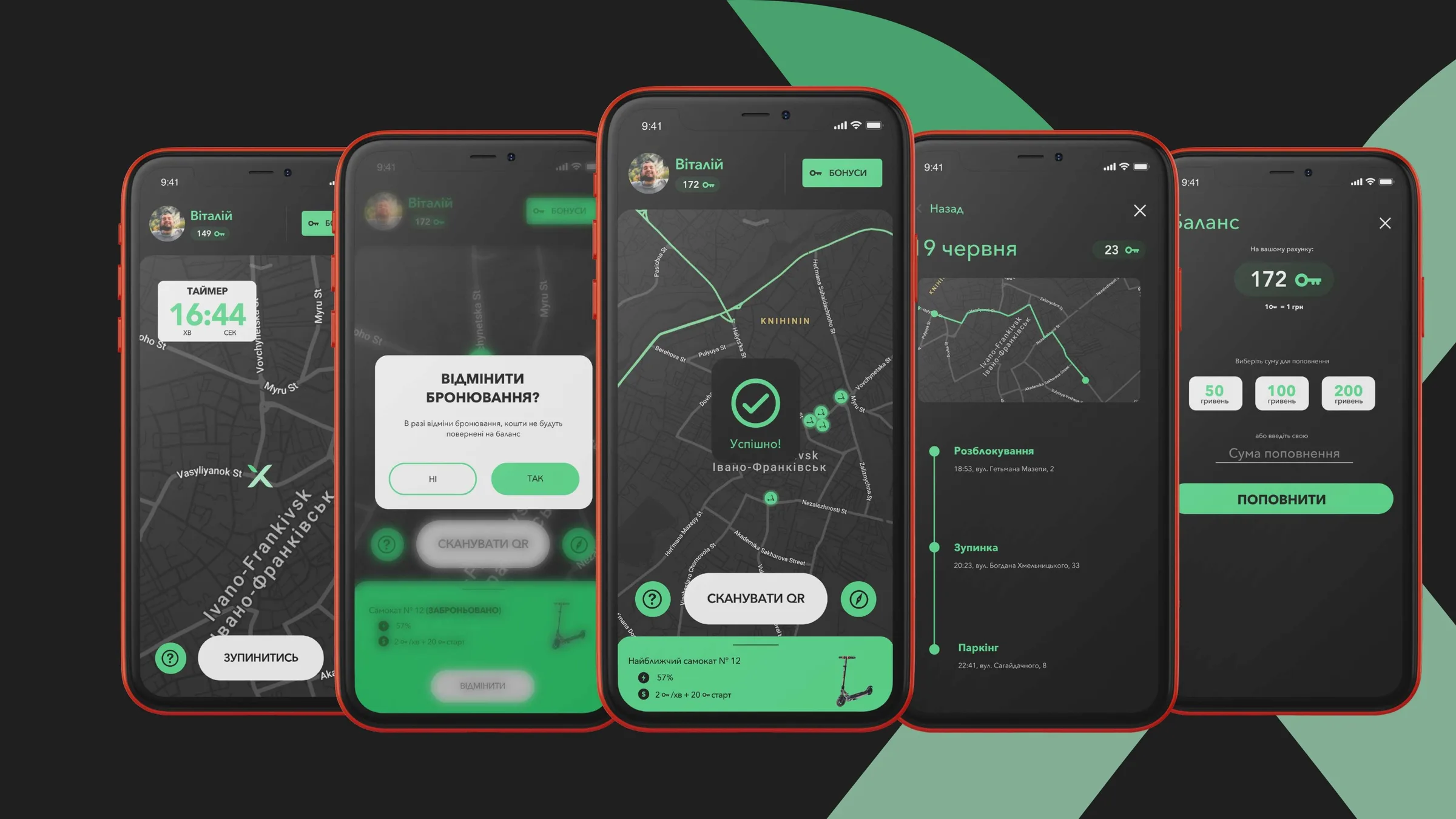 Ridex app screens: map, active ride, trip history, wallet