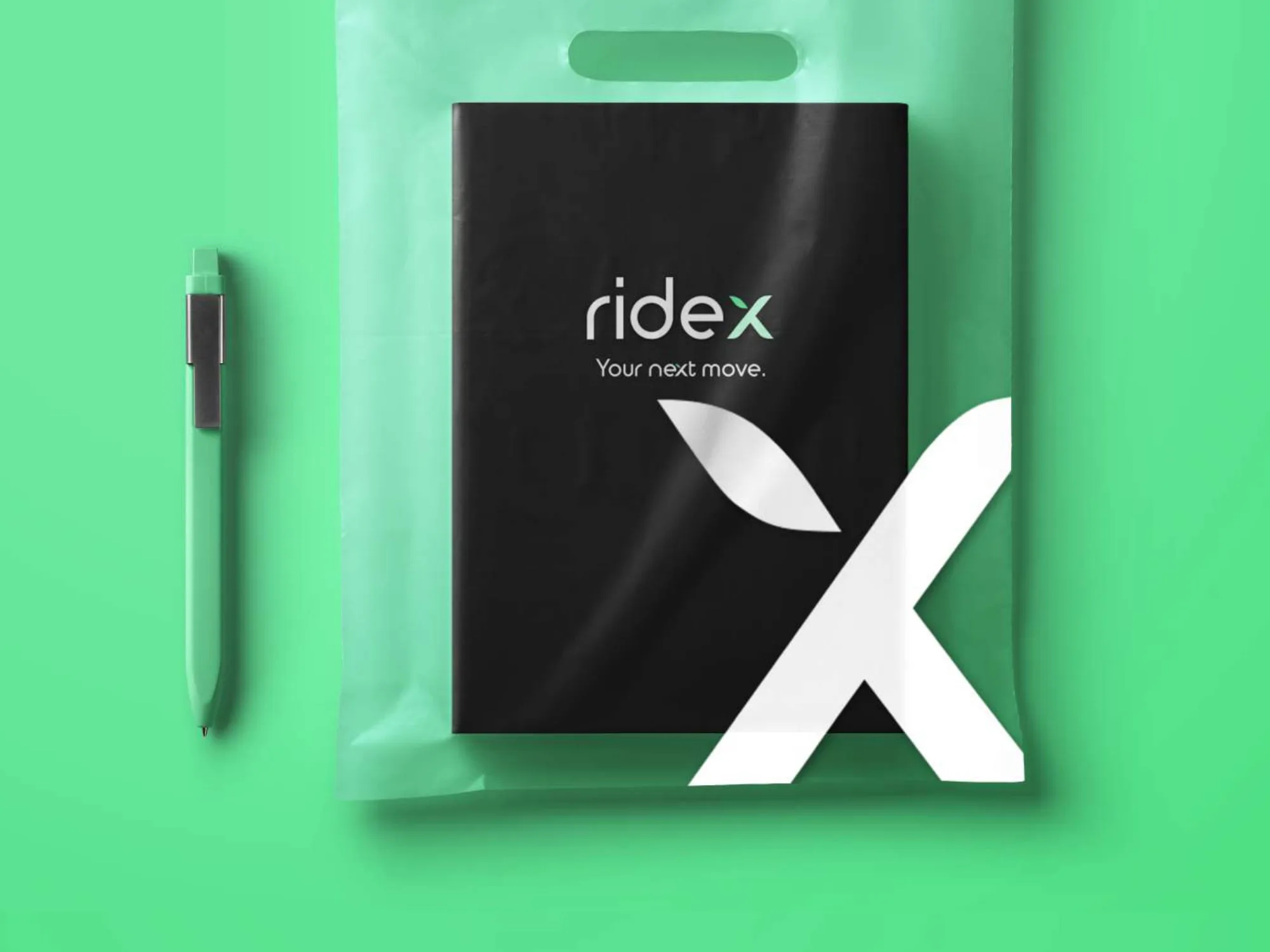 Ridex packaging — branded bag and notebook